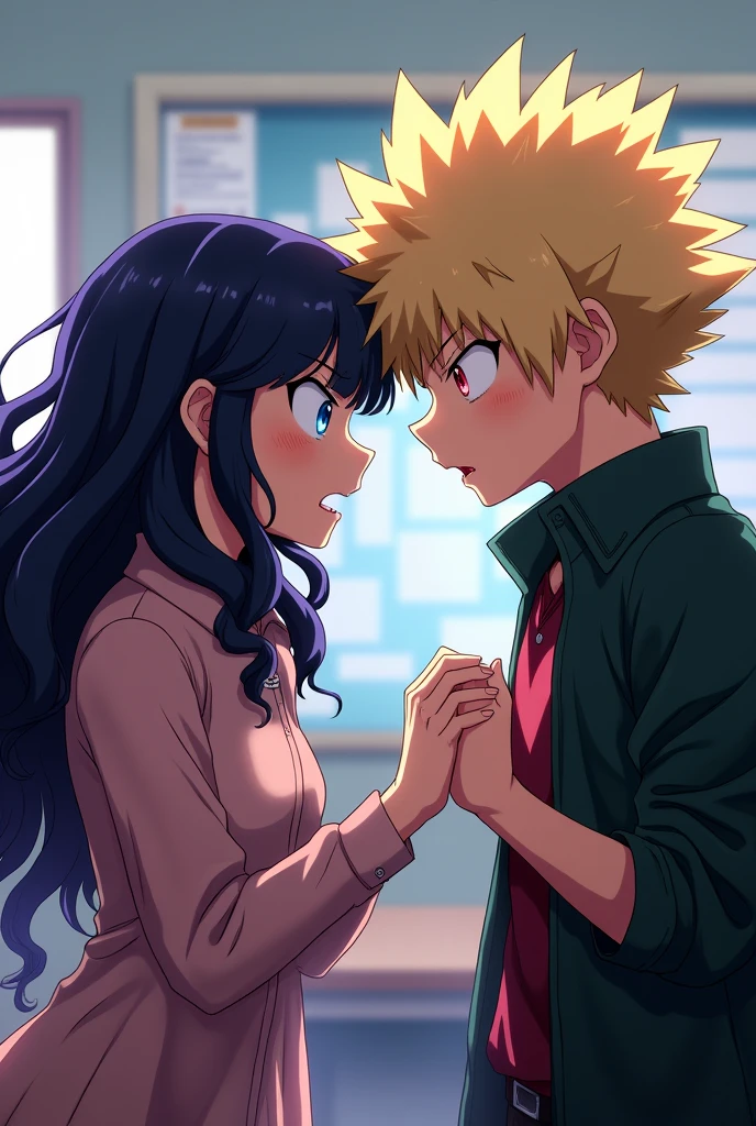(Anime Boku no Hero Academia) creates an 1 teenager, My Hero Academia student. His eyes are a light blue color with an elongated shape., glare. Her hair is long and wavy, Deep purple and a French fringe. Next to the girl is Bakugou Katsuki, He is a blond boy with spiky hair and red eyes.. They argue aggressively, shouting at each other.. All this in a classroom environment in the world of Boku No Hero.