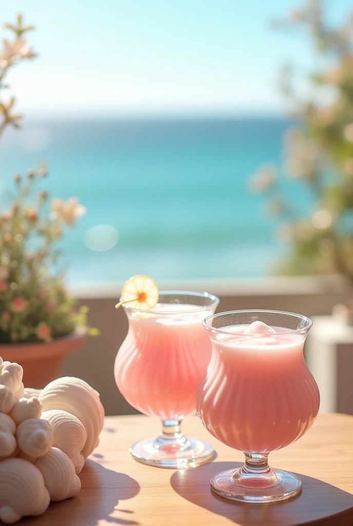 Light pink drink in shell shaped glasses, on top of a wooden table, in a bakery overlooking the sea.