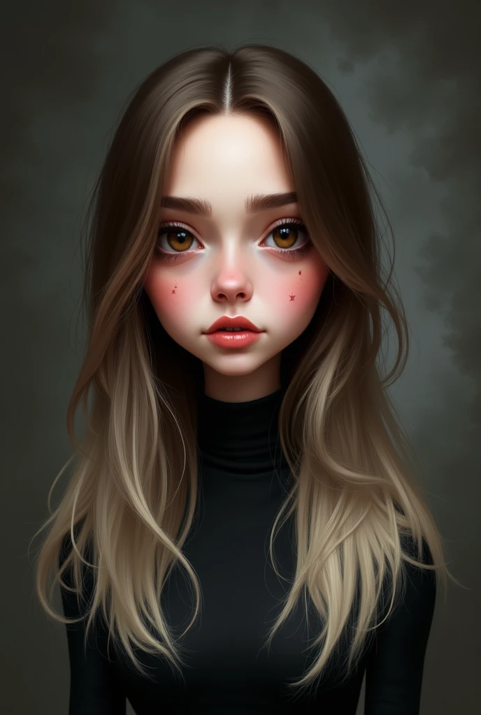A gothic pfp caricature, of a girl with brown eyes and straight shoulder-length hair, The hair must have a gradient, Considering that the roots are brown and the tips are ash blonde.