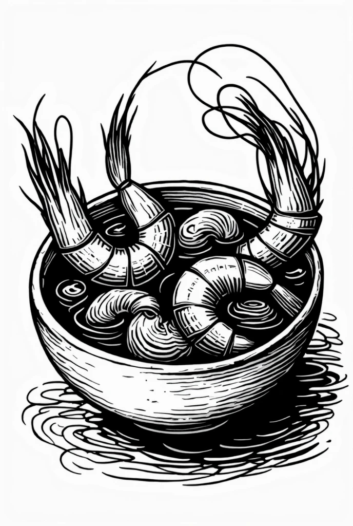 create a woodcut of shrimp bobó in a bowl with sauce a black and white artwork