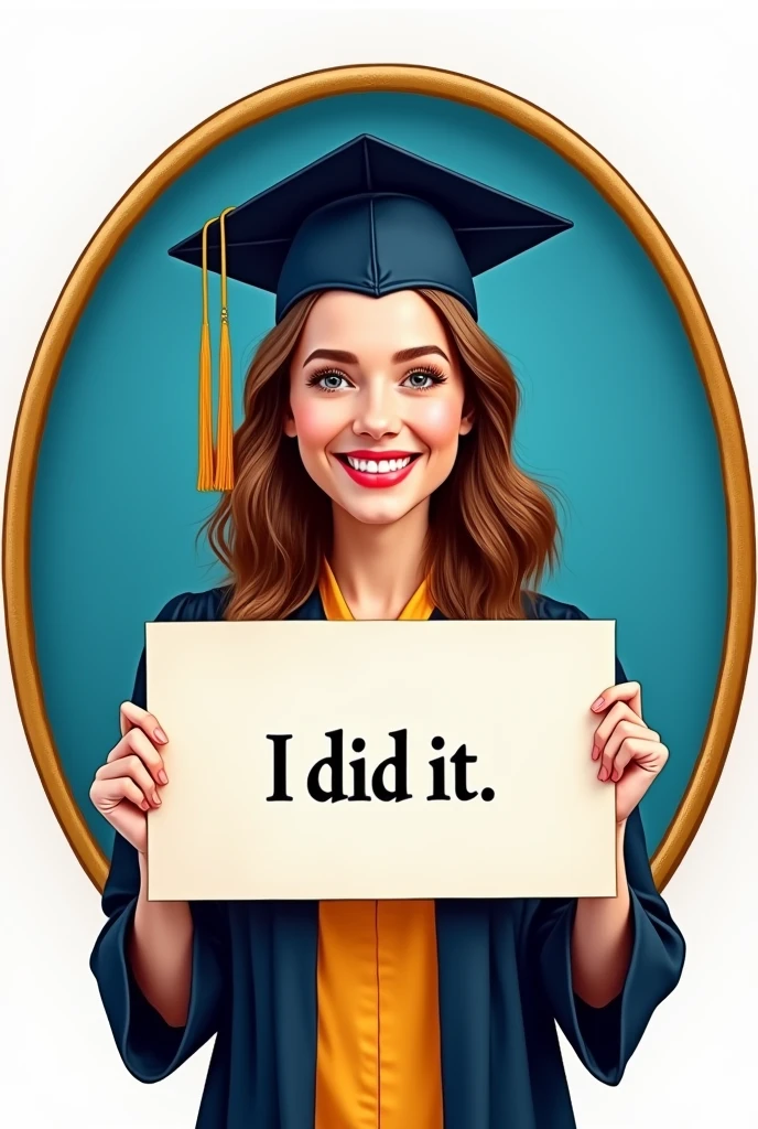 Inside a golden circular frame with a blue background, there is a girl wearing a graduation outfit and holding in both hands a rectangular sign with the words “I did it” written on it, only appearing in the middle of her body. A high-resolution, detailed caricature drawing and highly detailed line art.