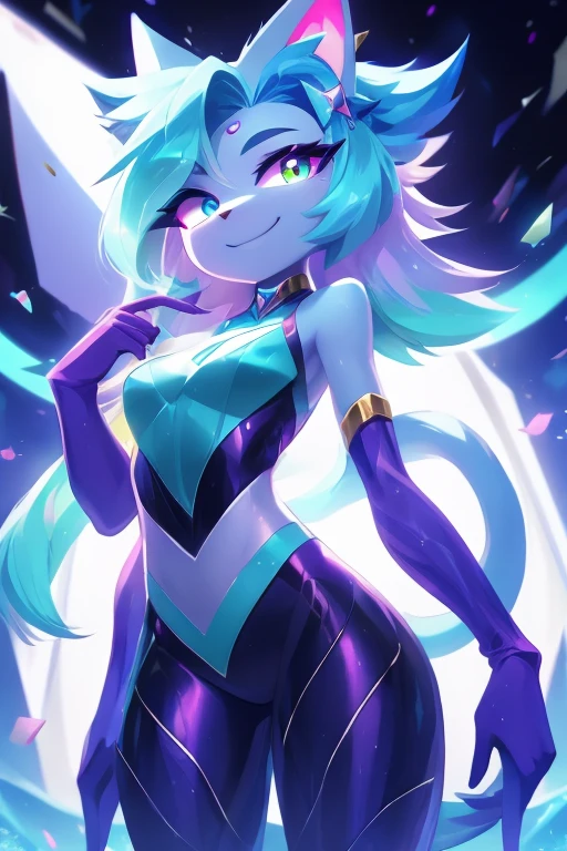 (whole body),((best qualityer)), ((Masterpiece artwork)), (detailded), complete body, facing at viewer, face perfect, cabelo roxo, Star Guardian, short cyan hair, heterochromia, eyeballs roxos e cianos, eyeballs roxos brilhantes, long eyelashes, cyan blue fur, cyan blue cat ears, ssmile doce, magic. purple and cyan hair, long eyelashes, solid circle eyeballs, fake cat ears, light ssmile, ear flush, Gradient hair, heterochromia, Gradient_eyeballs, eyeballs arregalados, students shining, purple eyeballs, cyan eyeballs, ssmile, looking straight ahead, wide plan, 8k, super detaill, precise, best qualityer, work of art, anatomically correcte, High details, high resolution
