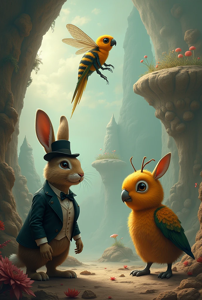 Make an image where there is a rabbit, A bee and a parrot in Jack&#39;s Strange World version 