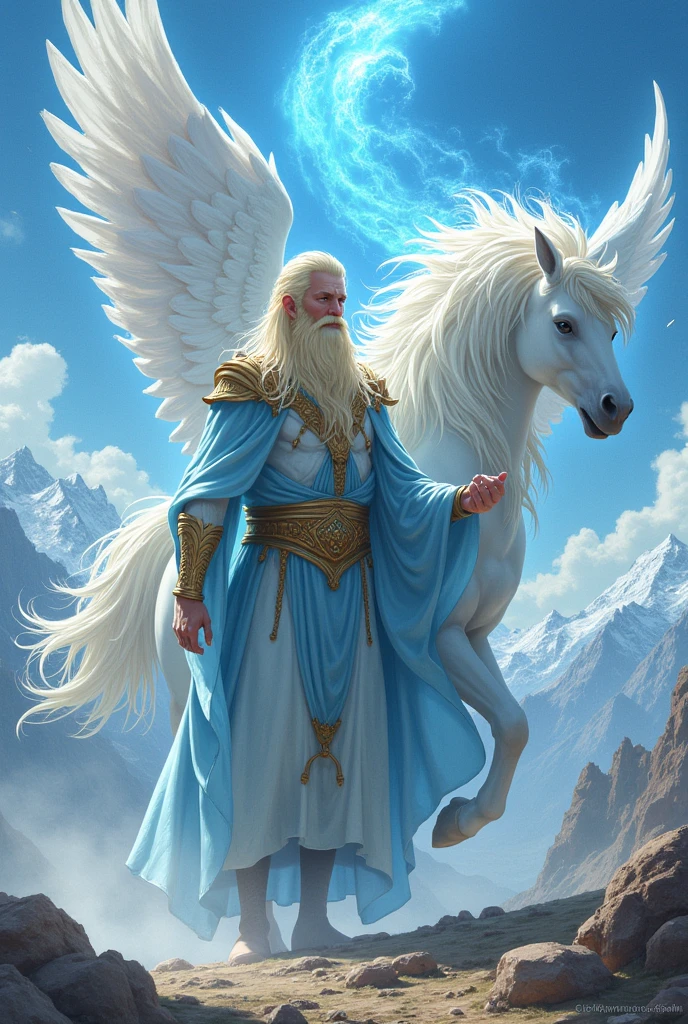Anime, Blond, 30 y baylonian tressé beard, enlil, god of the air, vétu de vêtement amples bleur très clair. Winged pegasus composed of air behind him, mountains in the background. Des tourbillons d'air magiques ciculent autour de lui. Vent violent