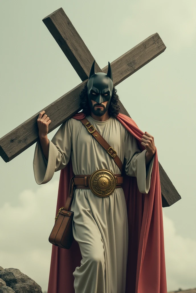 Jesus in a Batman mask carrying a cross