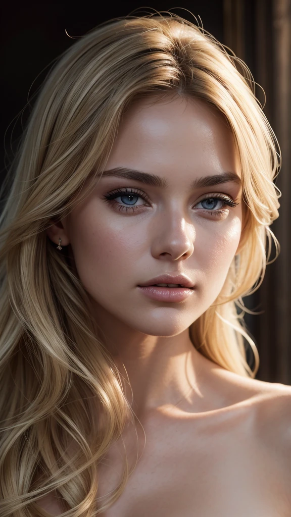Laurence Arné, detailed face, blond, beautiful brown eyes, long eyelashes, elegant expression, delicate lips, detailed skin, natural lighting, high quality, 8k, photorealistic, intricate details, chiaroscuro lighting, dramatic lighting, cinematic composition, ethereal, dreamlike, french beauty