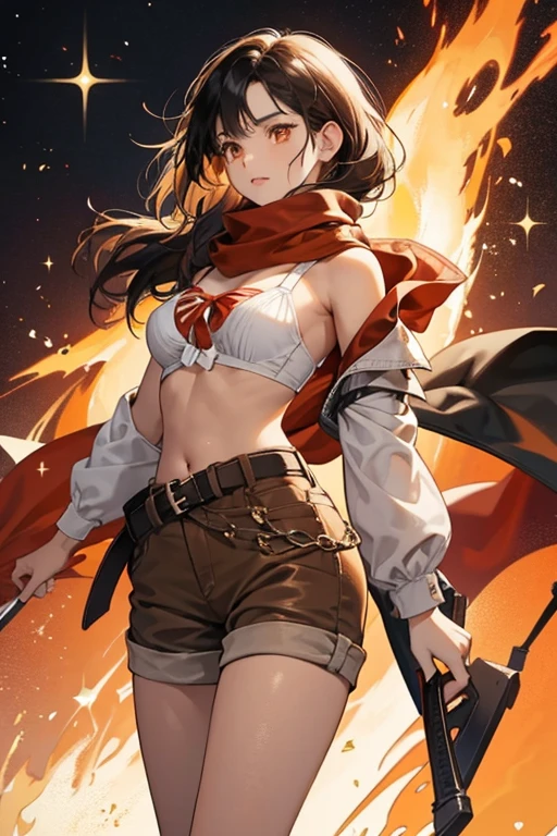 She has tan skin, dark orange eyes, dark orange eyes, and black hair that is tied on her right shoulder.
She wears a dark red scarf, white unstrap bra, white long sleeves, a brown belt that is strap to her shorts and dark brown boots that reveals her toes while she's showing her belly button. SPARKLE; GLITTER