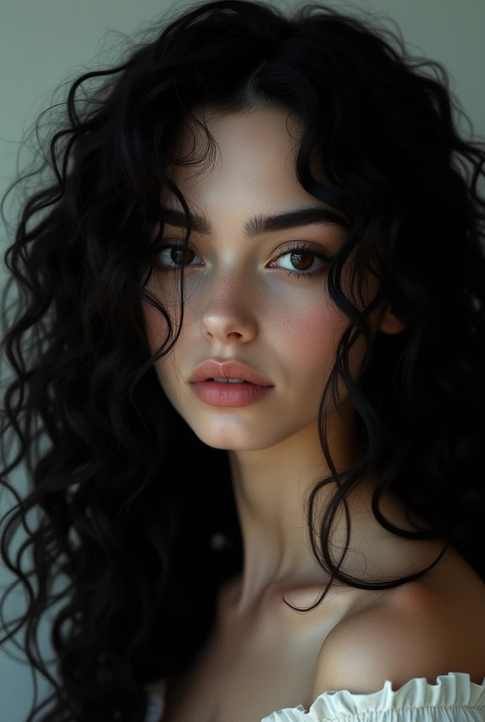 darkkin white 1girl, selfie photo hyper realistic curly long black hair mirror photos 8k ultra hd