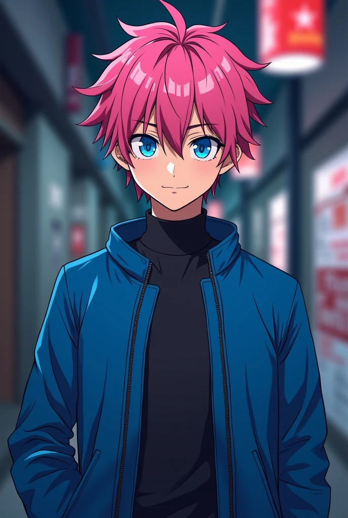 Make a boy with pink hair and blue jacket in the line of the anime jujutsu kaisen make him very handsome and cute make him with 1 meter and 85 make him more in the line of the anime jujutsu kaisen mais altura