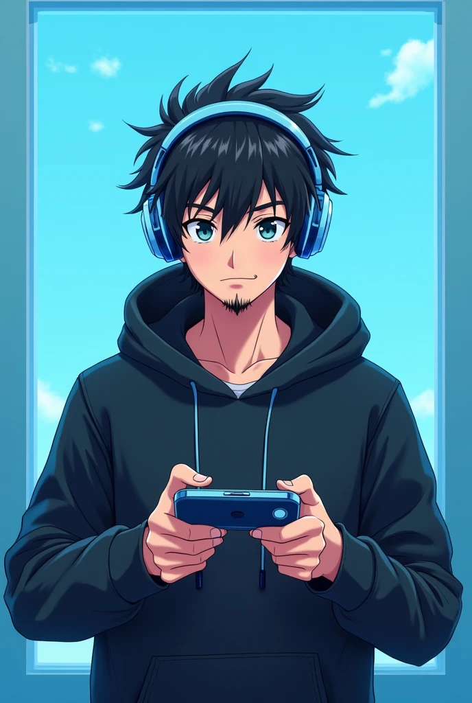 Anime boy with  headphone with transparent sky blue frame glasses with play bgmi mobile with black hoodie with moustache and beard 
