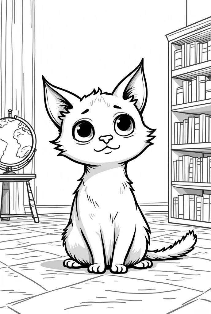 An empty coloring book illustration of a magial cat centered, on a white background, no shading. They are in a study room with a globe and bookshelves in a modern cartoon style and there is minimal furniture in the background. There should be open space between the lines, leaving room for hand coloring, black and white color book style, make the lines look like a human has drawn it.
