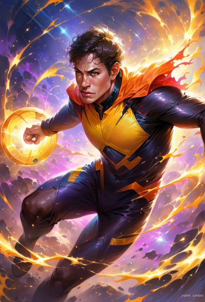 a superhero boy with black hair and yellow eyes, flying in space, holding a yellow lantern ring, (best quality,4k,8k,highres,masterpiece:1.2),ultra-detailed,(realistic,photorealistic,photo-realistic:1.37),studio lighting,extremely detailed face and eyes,intricate superhero costume,dynamic action pose,glowing yellow energy,sci-fi space background,cinematic lighting,vibrant colors