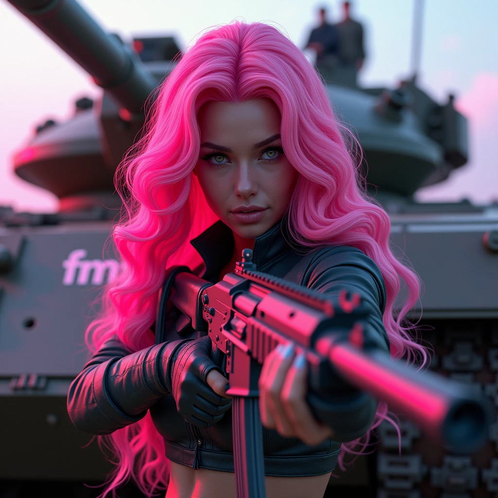 1 woman with exuberant beauty, With long hair, bright pink wavy hair, with a rifle in his hand and looking at the viewer with piercing eyes. Behind her there is a tank and some pink details and a light sign that says “FMS”