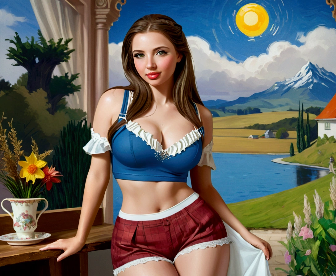 Beautiful Women Farm Girl Perfect Plump Lips Gingham Top Deep_cleavage Bare Midriff Short Shorts IDetailed Beautiful Eyes Gorgeous Smile HourGlass Figure Official Art Award Winning Digital Painting Digital Illustration Extreme Detail 4k Ultra Hd Rococo Polished Intricate Realistic Fantasy Art Sharp Focus Concept Art Art By Wlop Artgerm (2d Vector Illustration) Light Airy Hopeful. Stunning Combination Of Olivia Rodrigo Ariel Winter Molly Quinn Kim Kardashian