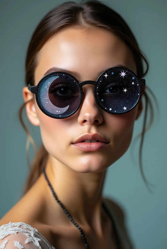 The model is wearing glass sunglasses with stars and the moon on the glass