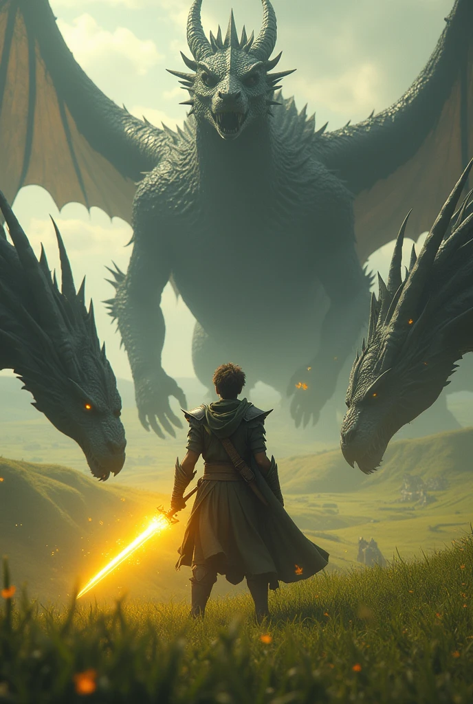 work of art. heroic, a strong, young man, serious-looking man, fighting powerful black dragons, in the background are several colossal dragons. the man is brandishing a sword of yellow light like the blinding sun. The landscape is of green fields in the background. Lord of the Ring, Skyrim. Epic
