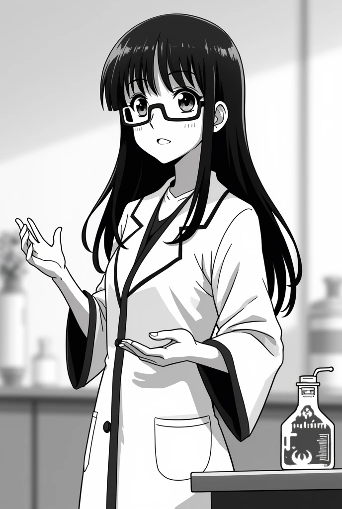 A smiling girl with glasses, a skinny, long, straight-haired Latina, explaining an experiment in a black and white anime movie-style robe