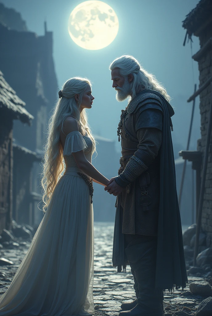 **Elara Meets Orion After the Battle:**
- "A beautiful young woman with long flowing hair and a radiant face stands before the white-haired warrior cat in human body who has just saved the village. They are in the middle of the village square, under the soft glow of the full moon. The warrior looks at her with gentle eyes, his strong hand reaching out to hers. The scene captures a moment of connection, with the remnants of the battle in the background."