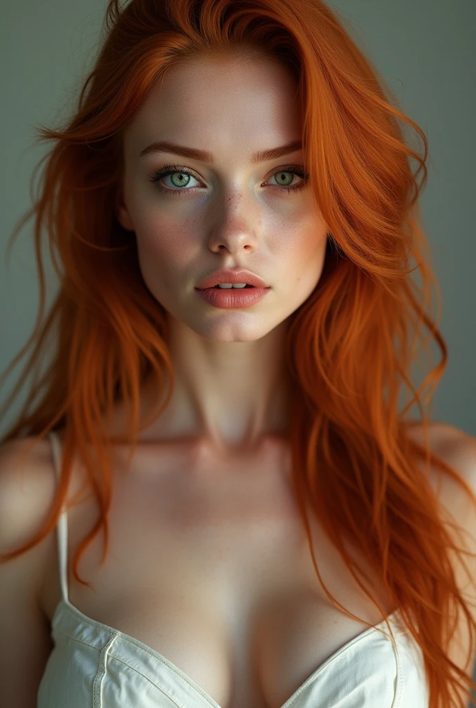 ultra realistic photograph: beautiful redhead woman green eyes High resolution, longye hair, 独奏, 1 , shorth hair, blue colored eyes, bangss, breastsout, breastsout grandes,