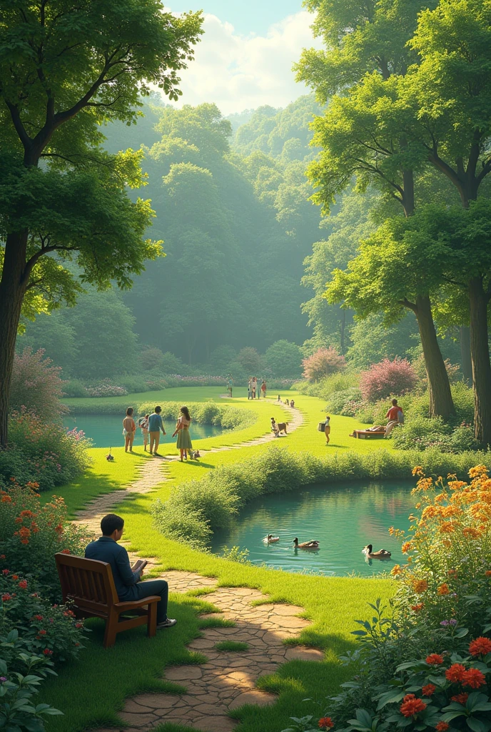 A beautiful lush green meadow, intricate garden pathways, people relaxing and walking their pets, sunlight filtering through the trees, detailed foliage, vibrant wildflowers, serene pond with ducks, cozy reading nooks, (best quality,4k,8k,highres,masterpiece:1.2),ultra-detailed,(realistic,photorealistic,photo-realistic:1.37),lush nature,environmental concept art,highly detailed landscape,intricate details,natural lighting,warm colors,soft focus
