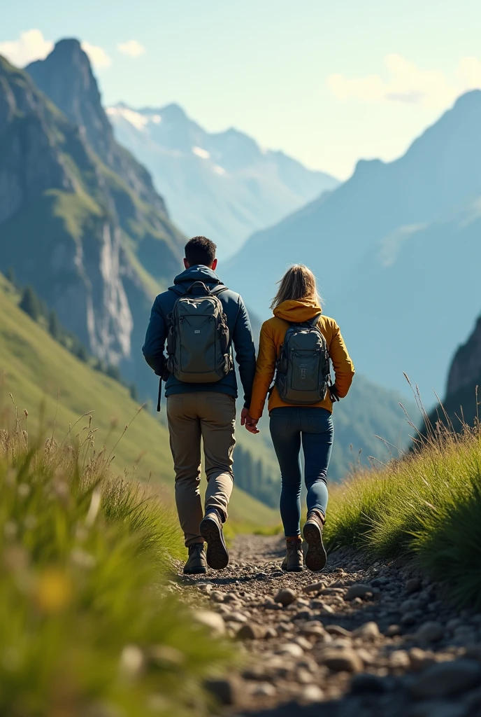 make mountain shoe advertisement, couple walking towards the horizon, green landscape, green mountains, rocky, urban horizon view, realistic image