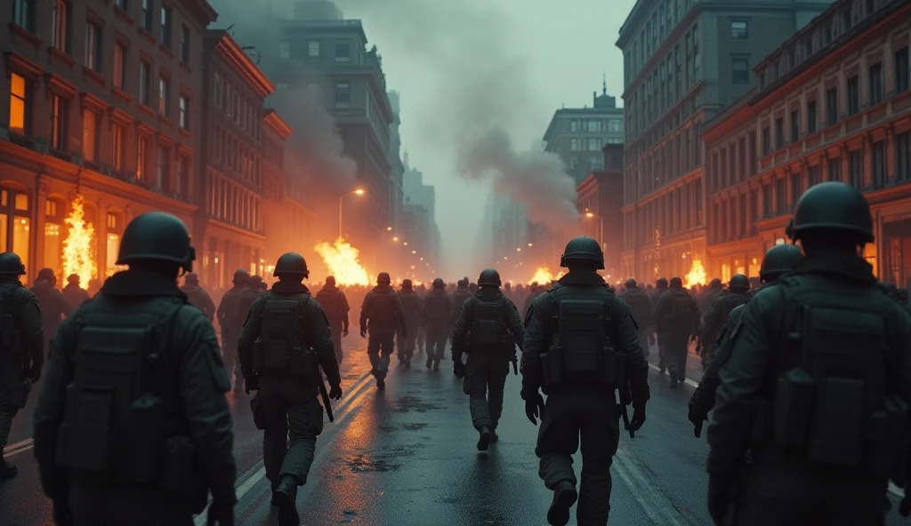 a chaotic city of new york in 2024, soldiers marching in the streets, burning houses, detailed military uniforms, smoke, chaos, destruction, dark clouds, dramatic lighting, cinematic, moody, muted colors, gloomy atmosphere, grunge, 8k, photorealistic, highly detailed, masterpiece