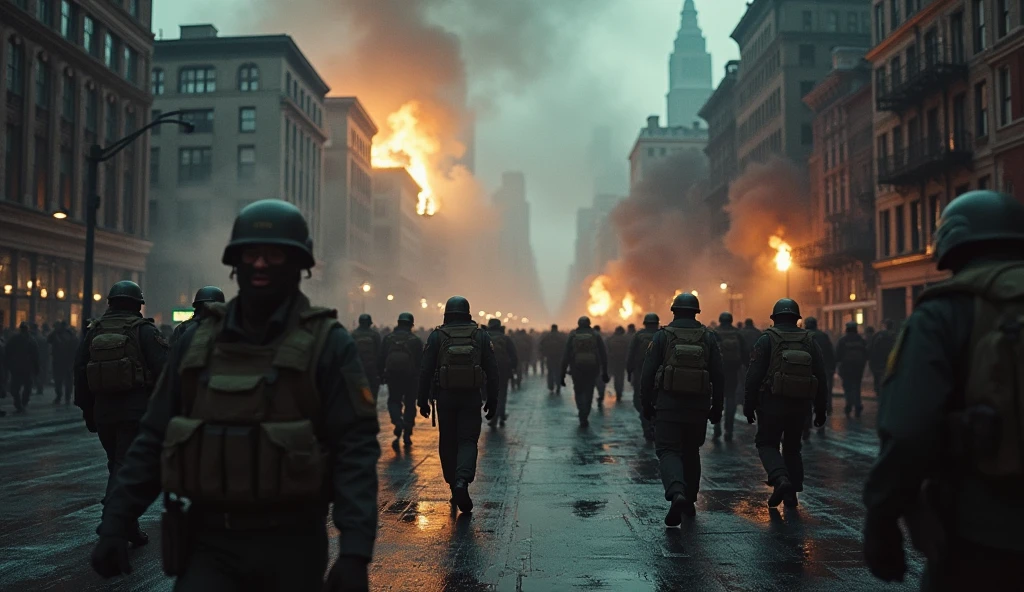 a chaotic city of new york in 2024, soldiers marching in the streets, burning houses, detailed military uniforms, smoke, chaos, destruction, dark clouds, dramatic lighting, cinematic, moody, muted colors, gloomy atmosphere, grunge, 8k, photorealistic, highly detailed, masterpiece