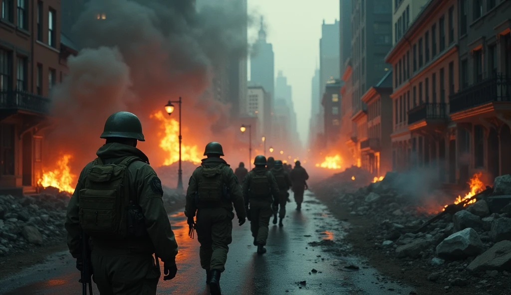 a chaotic city of new york in 2024, soldiers marching in the streets, burning houses, detailed military uniforms, smoke, chaos, destruction, dark clouds, dramatic lighting, cinematic, moody, muted colors, gloomy atmosphere, grunge, 8k, photorealistic, highly detailed, masterpiece