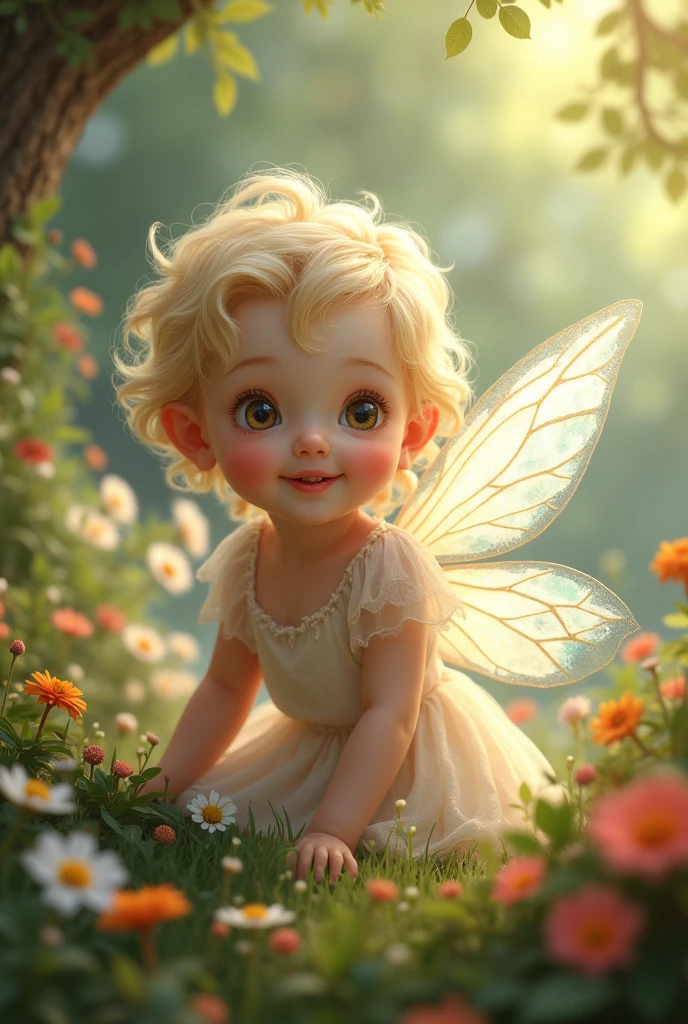 cute blonde child with fairy like wings white skin smiling light brown eyes in a garden