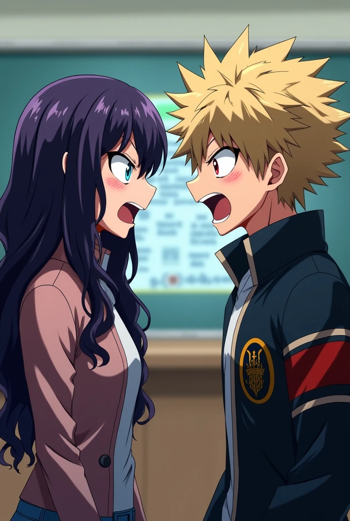 (Anime Boku no Hero Academia) creates an 1 teenager, My Hero Academia student. His eyes are a light blue color with an elongated shape., glare. Her hair is long and wavy, Deep purple and a French fringe. Next to the girl is Bakugou Katsuki, He is a blond boy with spiky hair and red eyes.. They argue aggressively, shouting angrily at each other.. All this in a classroom environment in the world of Boku No Hero.