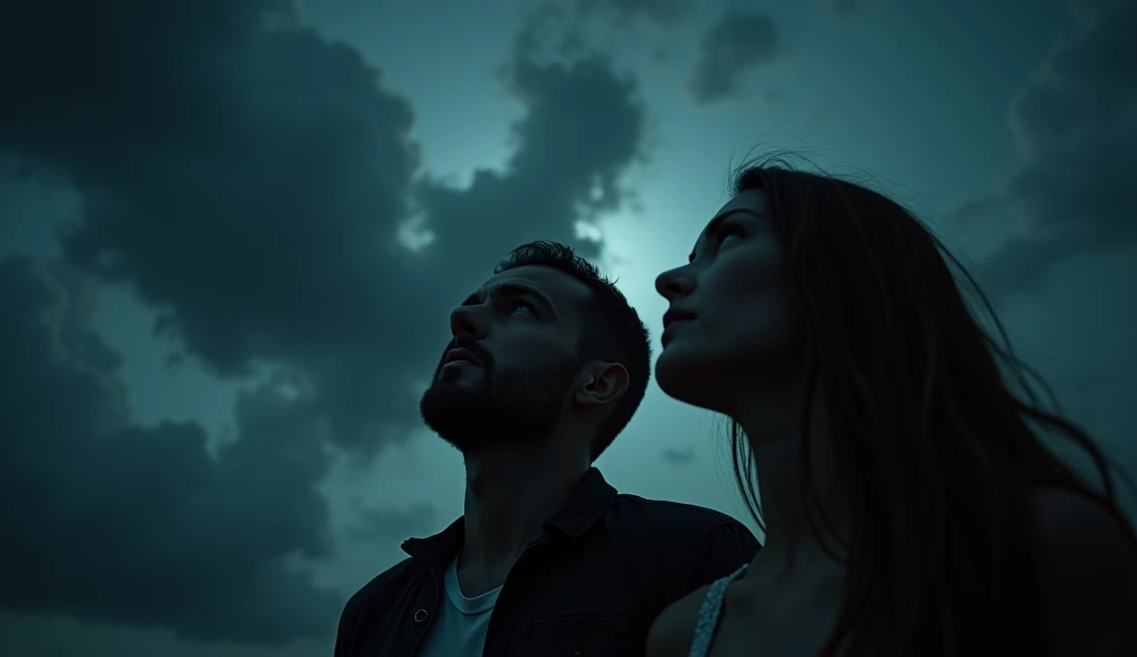 a terrified man and woman looking up at the night sky, extremely detailed, intricate details, cinematic lighting, dramatic, horror, moody, dark, ominous, (best quality,8k,photorealistic:1.4),chiaroscuro,dramatic lighting,eerie atmosphere,ominous clouds,dramatic shadows,realistic human anatomy,realistic skin texture,beautiful detailed eyes,beautiful detailed lips,extremely detailed eyes and face,longeyelashes
