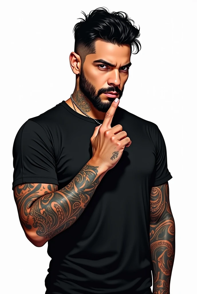 Believe me Illustration of Simón Bolívar, with tattooed arms, nose piercing, black t-shirt, white background, making the phallic gesture of the finger, full-length illustration, 8k vectorized, png