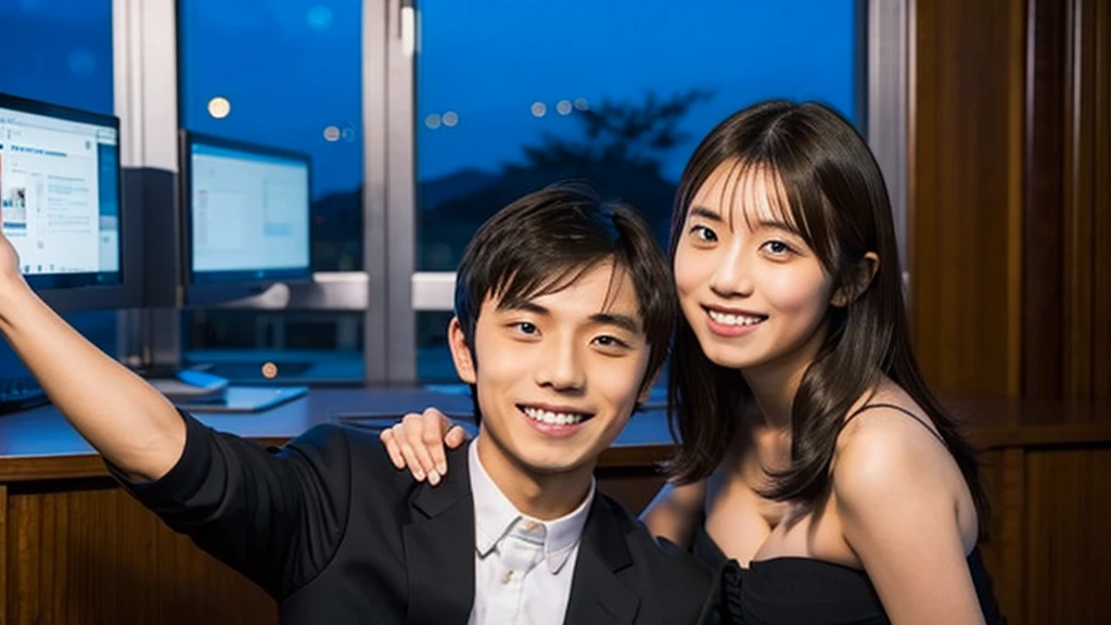 Smiling Hina Kikuchi、Taking a photo with a boy with a center part, office, Night view