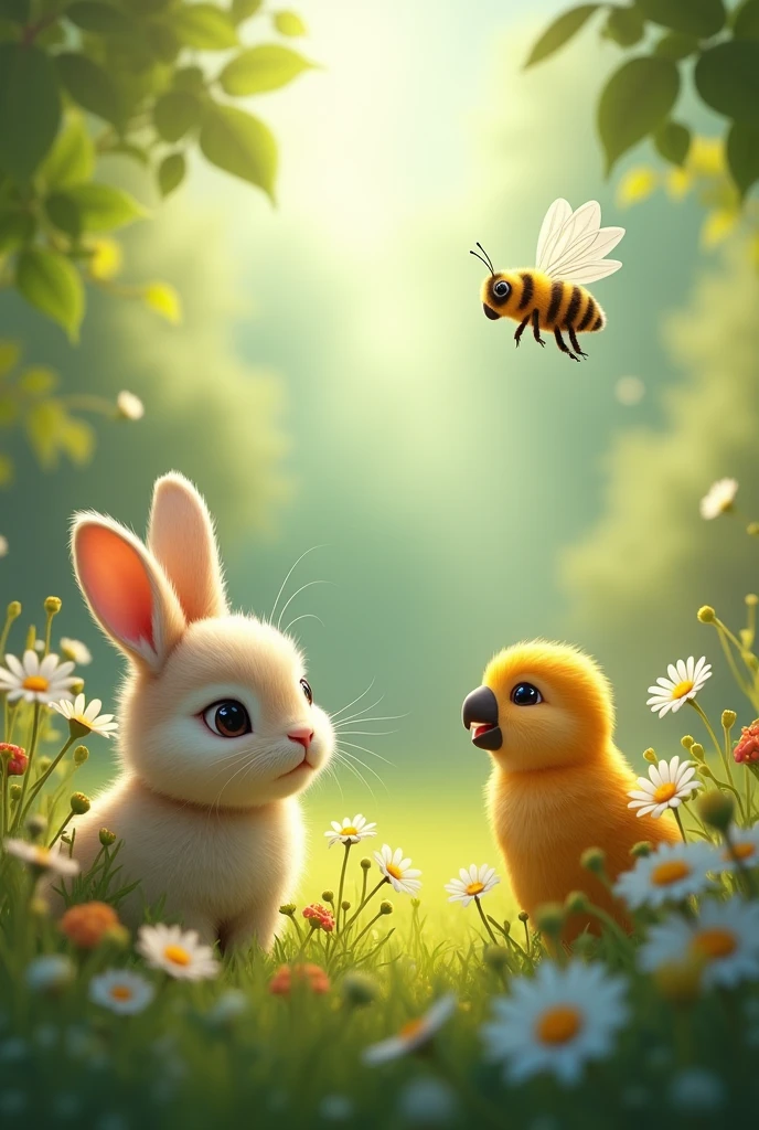 Make an image where there is a rabbit, a bee and a baby parrot 