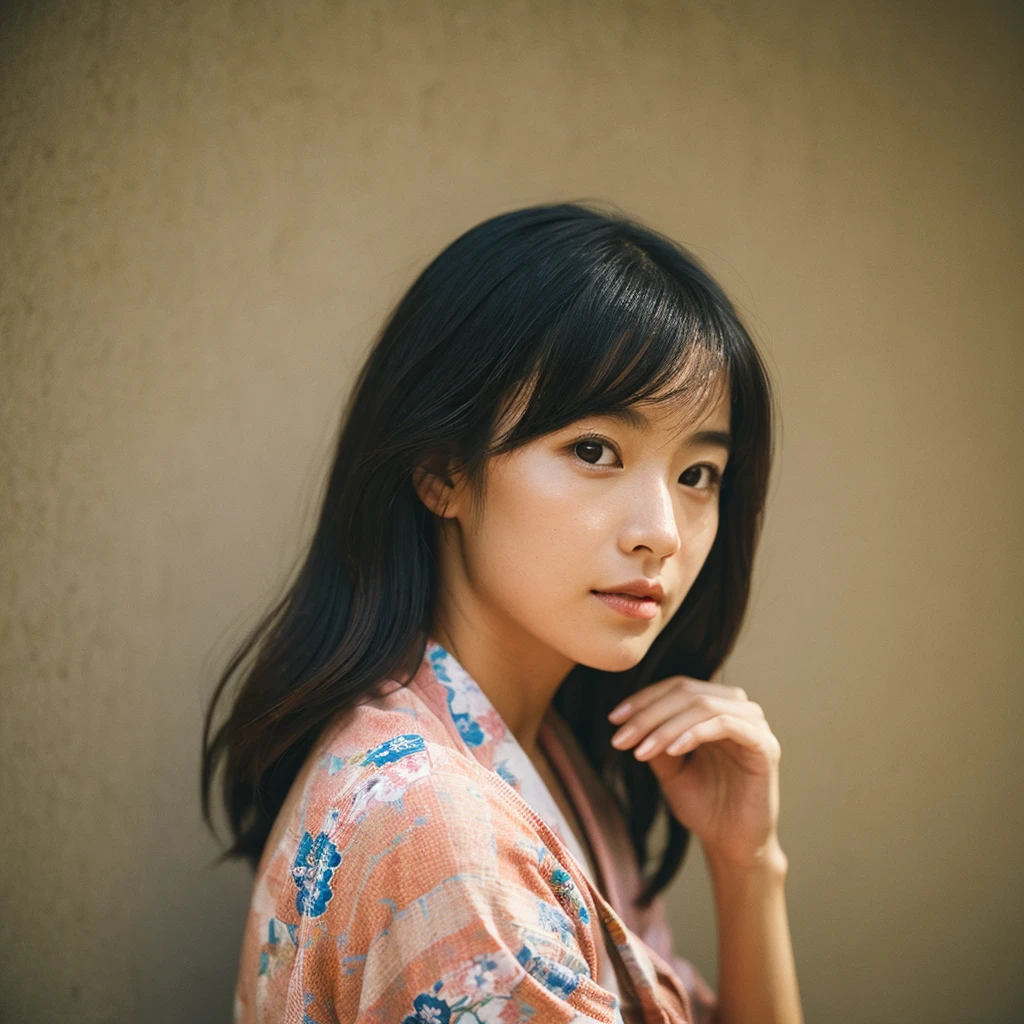 A hyper-realistic image of a single Japanese woman in her early 20s, captured from the shoulders up with the nostalgic warmth and subtle graininess of a film camera. She is wearing a traditional yukata with a vibrant, cute design featuring bold and colorful floral patterns such as cherry blossoms and peonies in shades of pink, red, and lavender, set against a soft pastel background. The obi is elegantly tied with a complementary color, adding a playful touch. The fabric of the yukata appears naturally lightweight, with visible folds and textures that enhance its realism, draping gracefully over her shoulders. Her skin, seen clearly from the shoulders up, has a warm beige tone with a highly realistic, slightly rough texture, showcasing visible pores, fine lines, and minor blemishes, along with subtle unevenness, such as delicate dryness around the cheeks and small natural shadows under the eyes. The lighting is soft and subdued, replicating the gentle, diffused natural light of an overcast day or early evening, creating realistic shadows across her face. These shadows subtly contour her cheekbones, nose, and jawline, adding depth and dimension to her facial features, enhancing the lifelike quality of her skin texture. Her straight, glossy black hair frames her face naturally, slightly tousled, adding to the authenticity of her look. Her deep brown eyes reflect the ambient light, providing depth and a natural, lifelike shine. The film camera effect introduces a noticeable grain and a soft focus, giving the image a warm, nostalgic atmosphere while maintaining the raw, lifelike quality of her skin. The composition is centered solely on her, capturing her serene and understated elegance, focusing closely on the detailed textures of the yukata and the authentic, natural skin texture, with dynamic lighting and shadow play that mimics a real-life photograph.