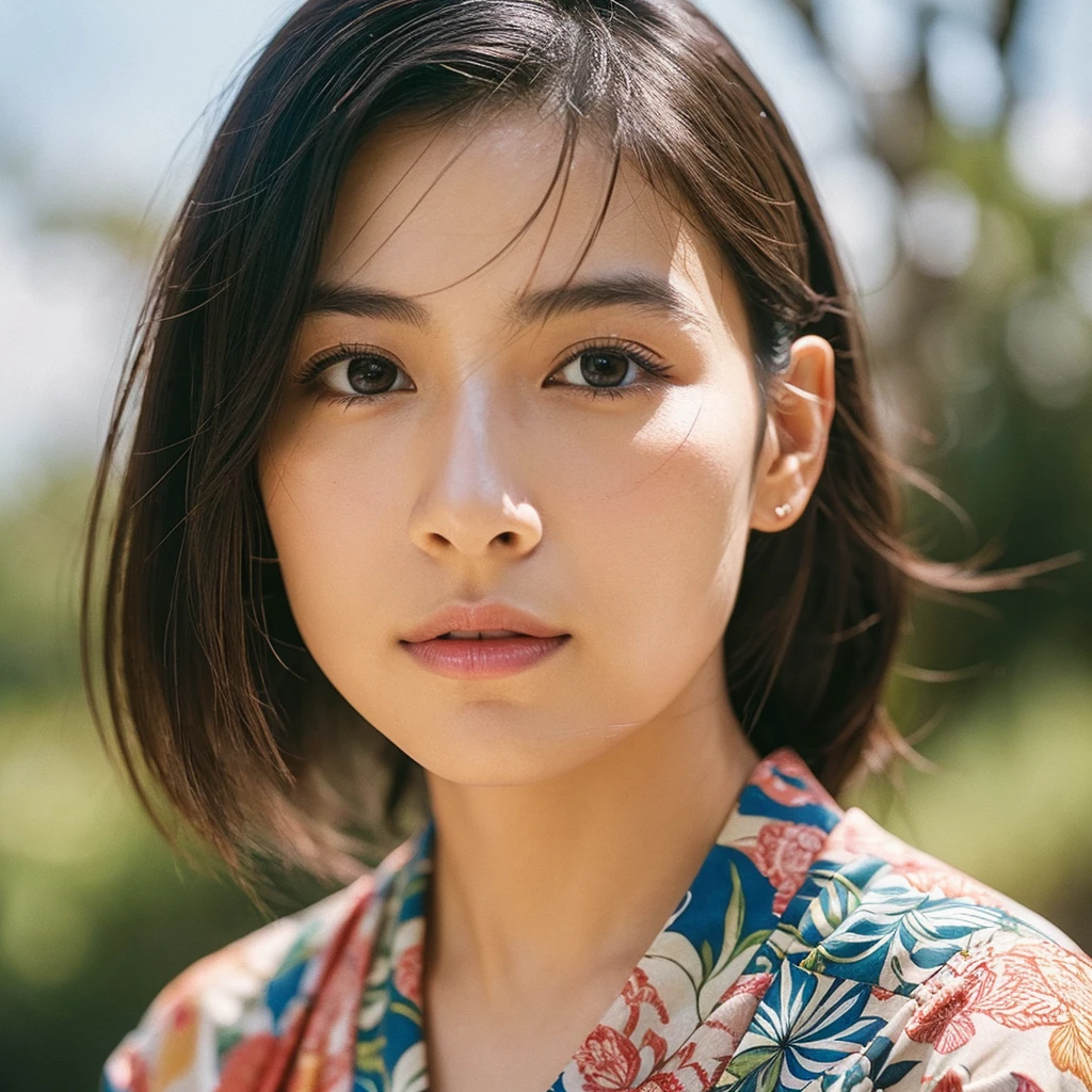 A hyper-realistic image of a single Japanese woman in her early 20s, captured from the shoulders up with the nostalgic warmth and subtle graininess of a film camera. She is wearing a traditional yukata with a vibrant, cute design featuring bold and colorful floral patterns such as cherry blossoms and peonies in shades of pink, red, and lavender, set against a soft pastel background. The obi is elegantly tied with a complementary color, adding a playful touch. The fabric of the yukata appears naturally lightweight, with visible folds and textures that enhance its realism, draping gracefully over her shoulders. Her skin, seen clearly from the shoulders up, has a warm beige tone with a highly realistic, slightly rough texture, showcasing visible pores, fine lines, and minor blemishes, along with subtle unevenness, such as delicate dryness around the cheeks and small natural shadows under the eyes. The lighting is soft and subdued, replicating the gentle, diffused natural light of an overcast day or early evening, creating realistic shadows across her face. These shadows subtly contour her cheekbones, nose, and jawline, adding depth and dimension to her facial features, enhancing the lifelike quality of her skin texture. Her straight, glossy black hair frames her face naturally, slightly tousled, adding to the authenticity of her look. Her deep brown eyes reflect the ambient light, providing depth and a natural, lifelike shine. The film camera effect introduces a noticeable grain and a soft focus, giving the image a warm, nostalgic atmosphere while maintaining the raw, lifelike quality of her skin. The composition is centered solely on her, capturing her serene and understated elegance, focusing closely on the detailed textures of the yukata and the authentic, natural skin texture, with dynamic lighting and shadow play that mimics a real-life photograph.