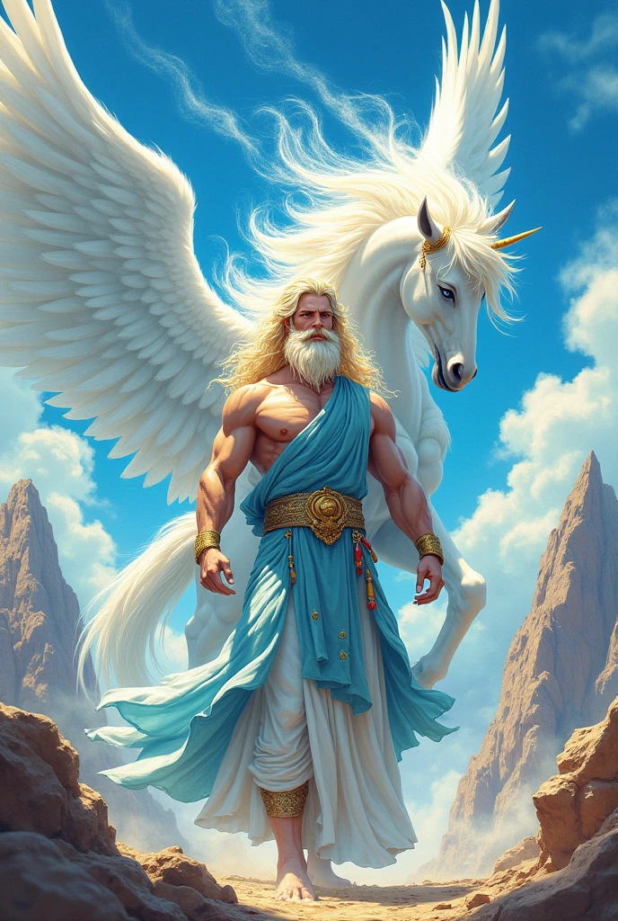 Anime, Blond, young, perfect athlete, baylonian tressé beard, enlil, god of the air, vétu de vêtement amples bleur très clair. Winged pegasus composed of air behind him, mountains in the background. Des tourbillons d'air magiques ciculent autour de lui. Vent violent