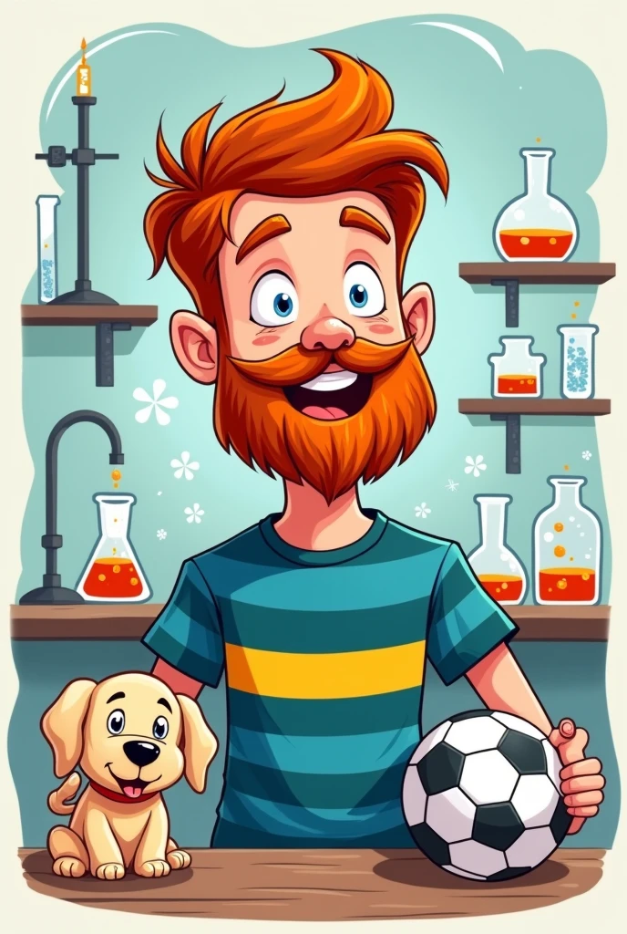 Create a cartoon red-haired young man with a beard wearing a football shirt with three horizontal stripes, 2 blue and one (1)yellow, include soccer, science , Laboratory elements and a Labrador dog (pet). I need it to be able to use it on a card. I would like it to be backgroundless..