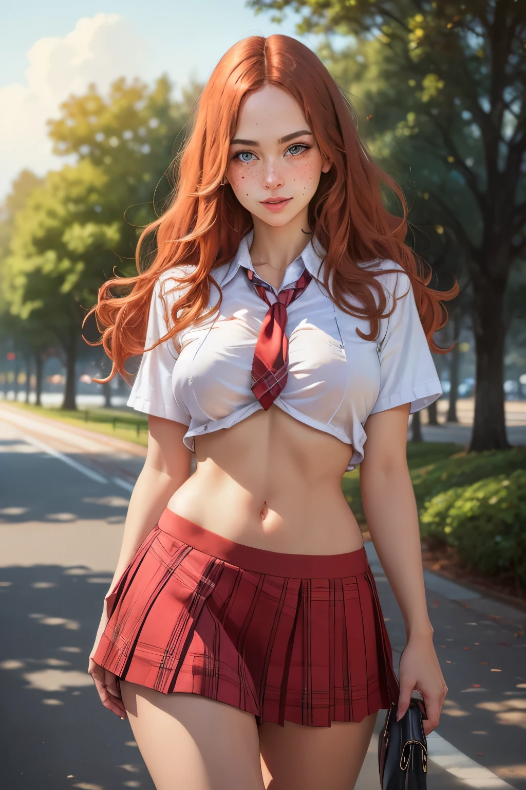 a one woman, long straight red hair, of the whole glass, perfectbody, muslos grandes, blue colored eyes, (Sexy Catholic school uniform |アニメ+realistic|), freckles on the face, face detailed, standing, in a park, ray tracing, high resolution, super detaill, 8k, Overview
