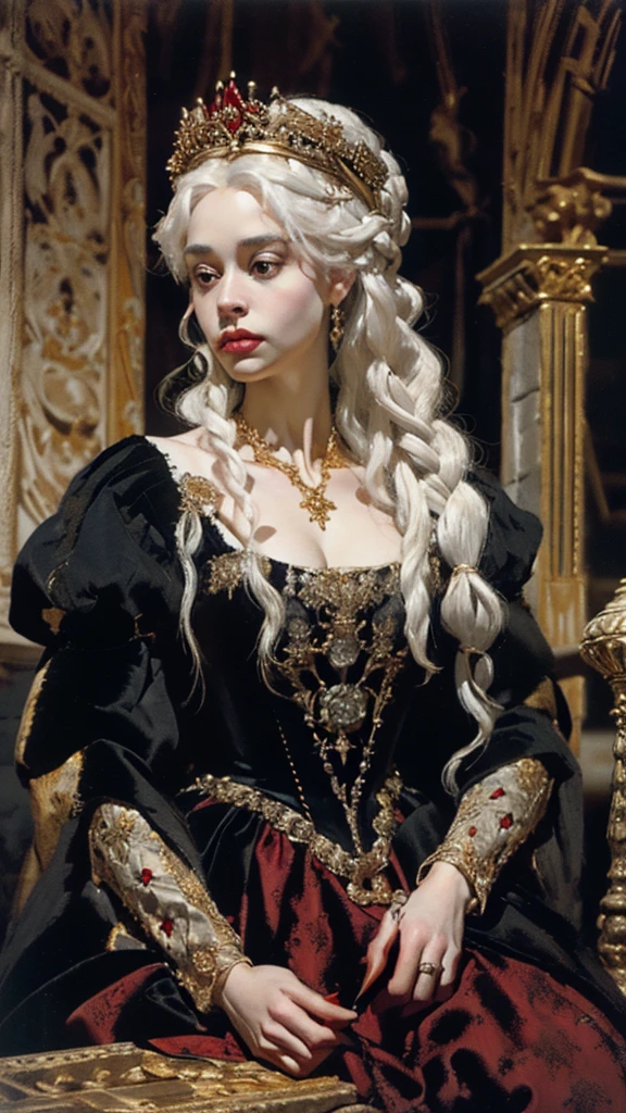 Portrait of Beautiful albino queen sitting with detailed braided medieval hairstyle (white hair), wearing detailed medieval gown (red and black colours), with gold accessories and gold tiara, medieval queen, medieval woman,queen,game of thrones style,daenerys targaryen style, high quality, very detailed,hd quality, masterpiece 