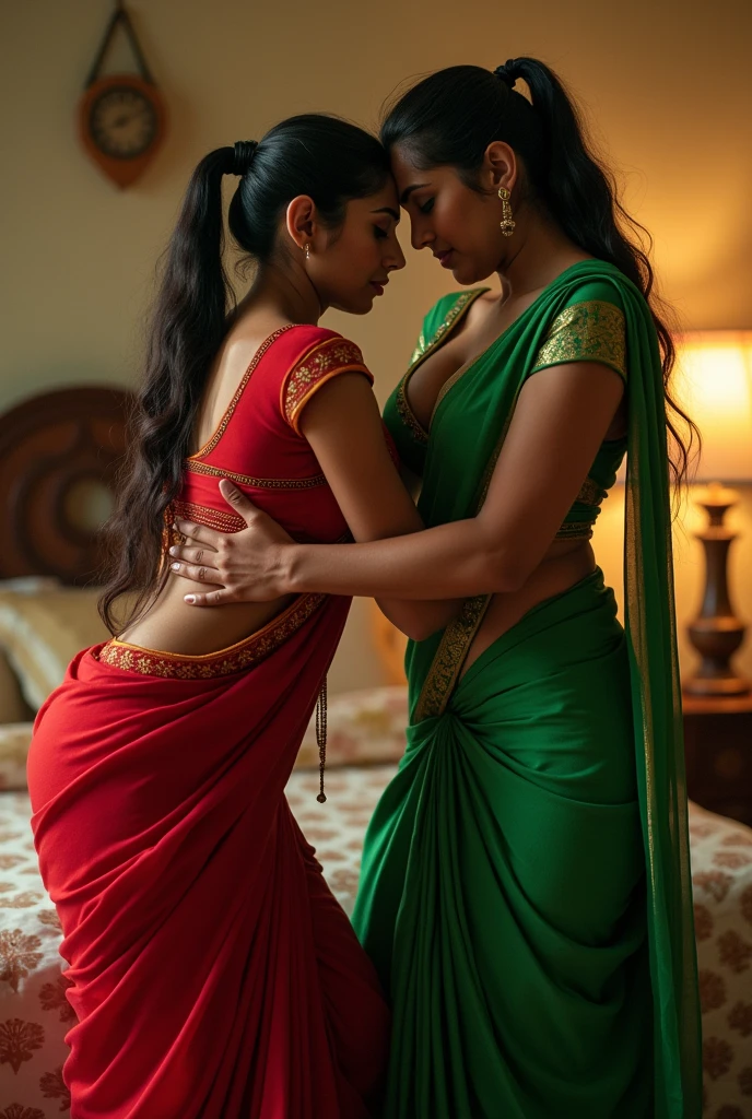 Nacked Woman in saree, Sitting on the lap of a necked woman, making out, agressive, 2 beautiful gorgeous Bollywood supermodels, gorgeous face, beautiful body, big breasts, big pussy, tight hugs, lesbians
