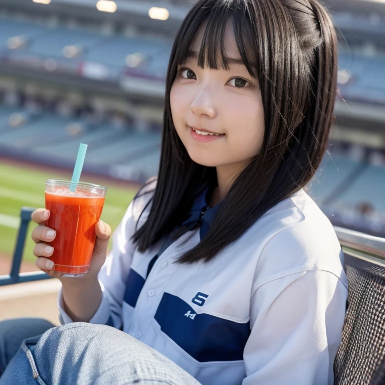 A young woman, a college student, is sitting in a baseball stadium, watching a game with enthusiasm. She is holding a cup of juice in one hand, smiling as she enjoys the atmosphere. The stadium is filled with cheering fans, and the field is brightly lit with the game in progress. She is dressed casually, reflecting the relaxed vibe of a day at the ballpark, with her focus on the game while enjoying her drink.