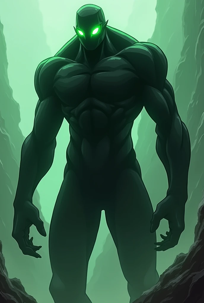 Create an anime style image of a 3 meter dark colored humanoid creature, completely green eye color with white pupils in the center 