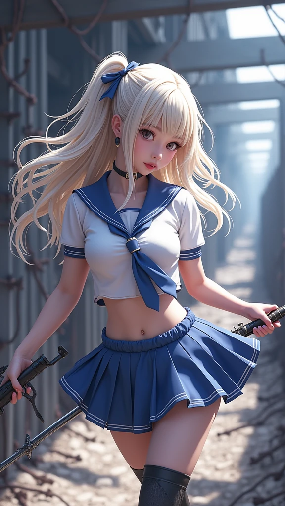 (8k, RAW photo, best quality, masterpiece:1.2),(realistic, photo-realistic:1.37), ultra-detailed, ultra high res,1girl, elbow gloves,red white striped legwear, striped legwear, gloves, thighhighs, long hair, black panties, highleg, highleg panties, panties, skirt, underwear, hairband, anchor hair ornament, white gloves, microskirt, blonde hair, grey eyes, miniskirt, machinery, hair ornament, grey footwear, thong, sailor collar, anchor, black hairband, navel, crop top, black neckerchief, pleated skirt,school uniform,