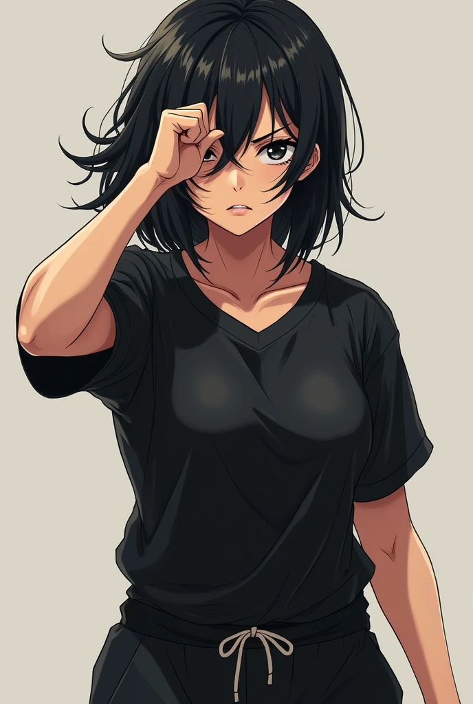 Adult anime woman, with black messy hair, black eyes, black sweat shirt shirt, sweat pants, fit physique, looking cool, some muscle definition, focused face, sweating, wiping some sweat away