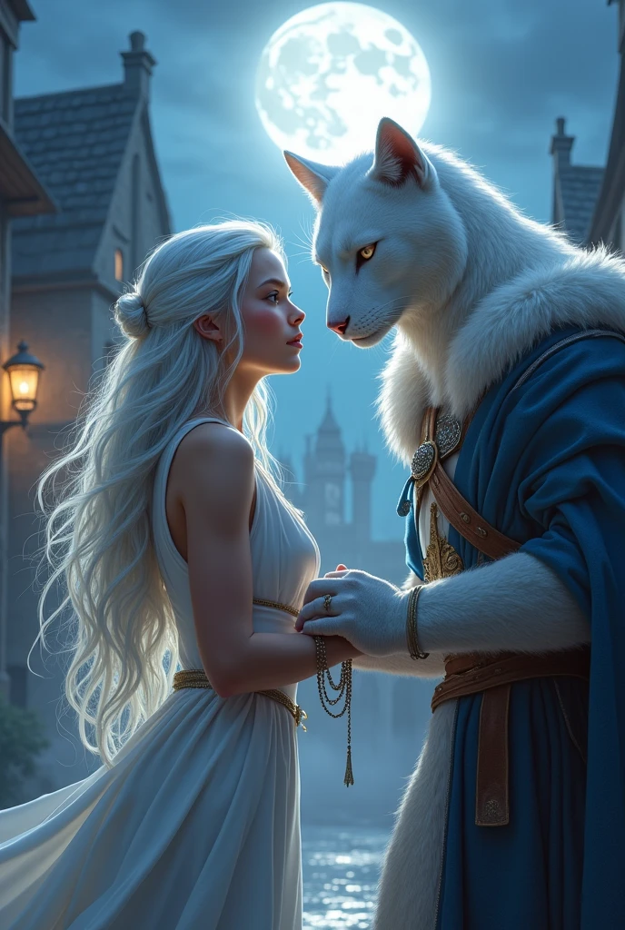 **Elara Meets Orion After the Battle:**
   - "A beautiful young woman with long flowing hair and a radiant face stands before the white-haired warrior white cat in human body who has just saved the village. They are in the middle of the village square, under the soft glow of the full moon. The warrior white cat looks at her with gentle eyes, his strong hand reaching out to hers. The scene captures a moment of connection, with the remnants of the battle in the background."