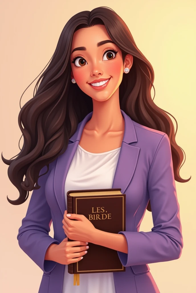 Woman in lilac blazer , white blouse , long wavy hair , eyes black , holding the bible , happy face , Pixar-style