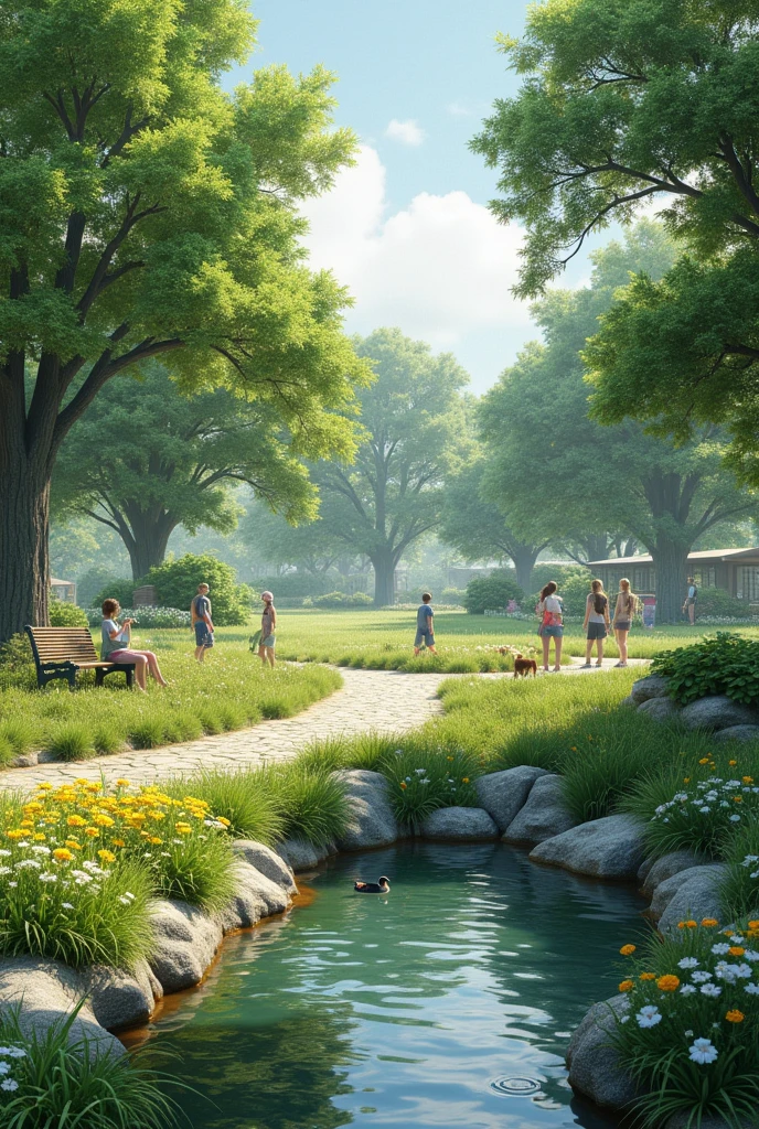 A beautiful lush green meadow, intricate garden pathways, people relaxing and walking their pets, sunlight filtering through the trees, detailed foliage, vibrant wildflowers, serene pond with ducks, cozy reading nooks, (best quality,4k,8k,highres,masterpiece:1.2),ultra-detailed,(realistic,photorealistic,photo-realistic:1.37),lush nature,environmental concept art,highly detailed landscape,intricate details,natural lighting,warm colors,soft focus mas realista y en una ciudad