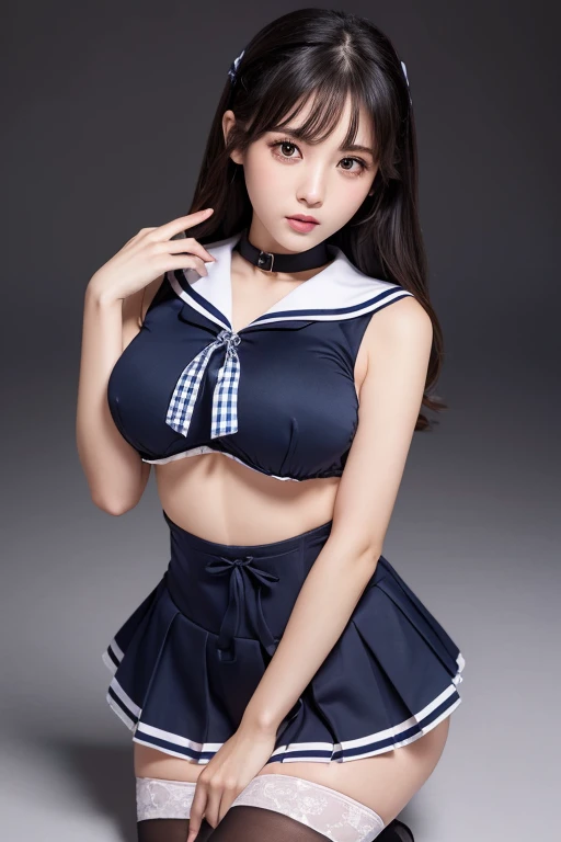 Highest quality、High resolution、Detailed Background、(Beautiful face in every detail:1.4)、Highly detailed face、(Detailed eyes:1.3)、age Beauty、Anatomically correct、Normal number of fingers、(Huge breasts:1.2)、Attractive thighs、Perfect body line、Black Hair、Shiny navy blue sailor suit、White sailor collar、Checkered Pleated Skirt、White Stockings、Sleeveless、Show your side、Cute gestures、look at me with cold eyes、Panty shot、(Underbust:1.3)