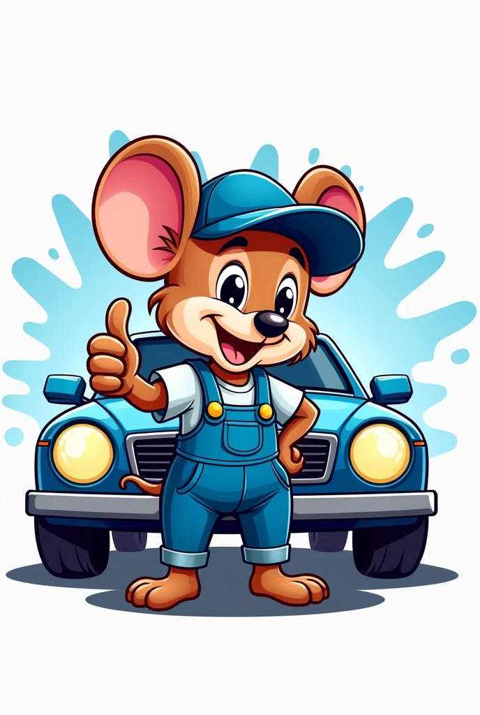 A car wash logo featuring an animated mouse wearing overalls and a cap and giving a thumbs up sign with a car behind him
